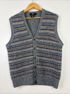 Vintage Sweater Vest Mens XL Gray Brown Stripe Wool Retro Cardigan The Bay